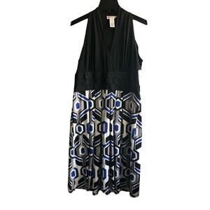 London Style Strapless Black & Blue Geometric Maxi Dress